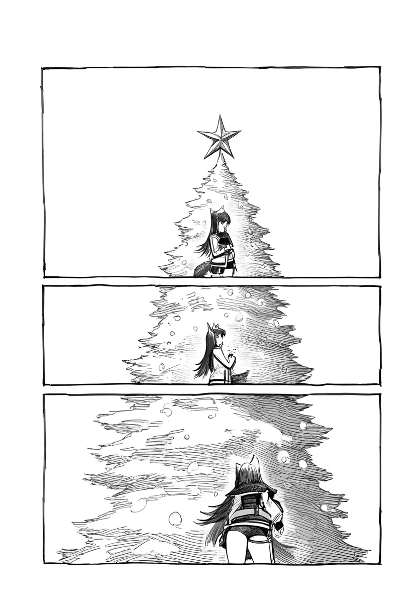greyscale,monochrome,silent comic,linear hatching, - 1girl,texas \(arknights\),arknights,underwear,tactical vest,christmas tree,christmas ornaments,