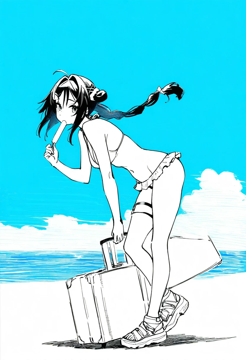 greyscale,monochrome,silent comic,linear hatching, - 1girl,la pluma \(summer flowers\) \(arknights\),arknights,white bikini,outdoors,navel,day,sky,blue sky,beach,suitcase,looking at viewer,ocean,low-tied long hair,leaning forward,standing,holding,frills,hand up,bare shoulders,floating hair,
