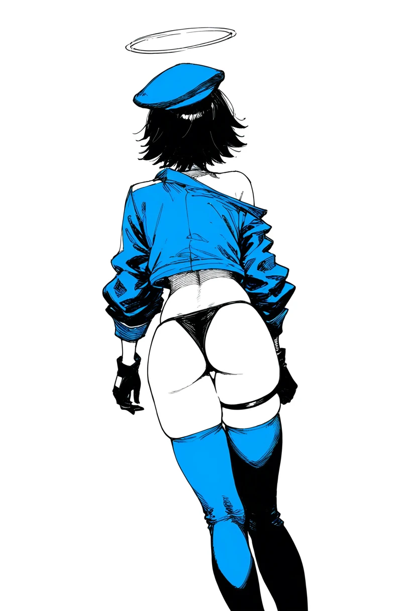 greyscale,monochrome,silent comic,linear hatching, - 1girl,exusiai \(arknights\),arknights,black gloves,black panties,blue thigh boots,blue hat,blue jacket,long sleeves,race queen,thigh strap,thong,single bare shoulder,skindentation,tire,