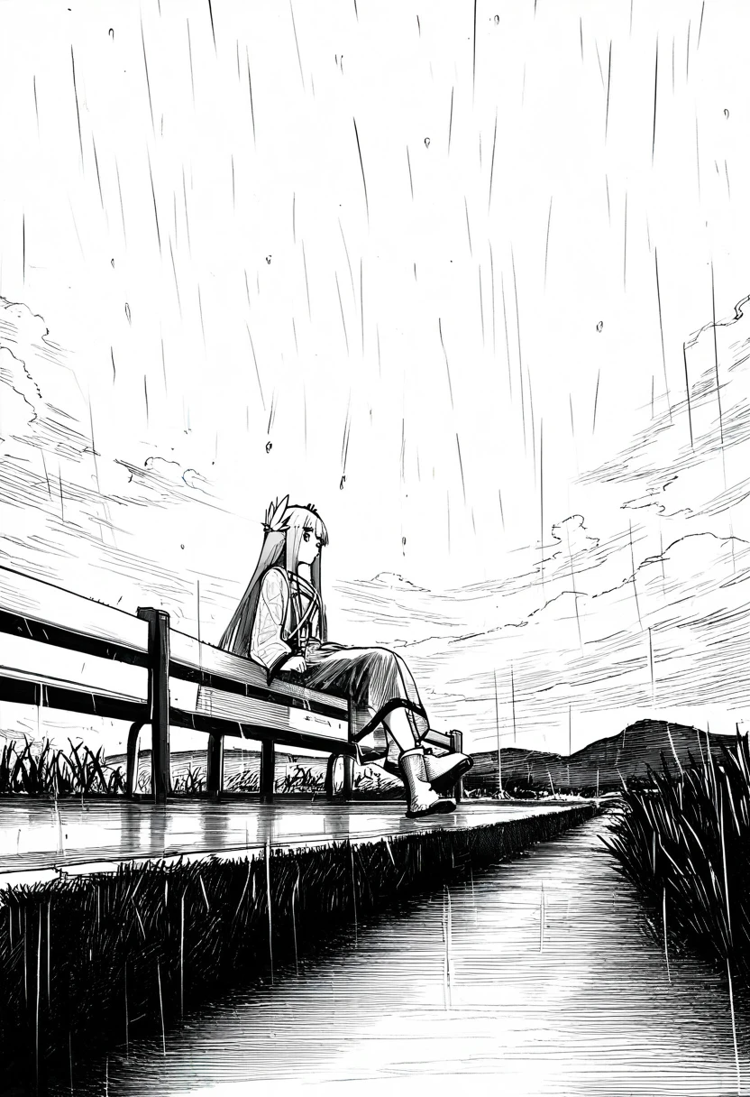 greyscale,monochrome,silent comic,linear hatching, - 1girl,muelsyse \(arknights\),arknights,cloudy sky,grass,on bench,outdoors,rain,road,yellow rubber boots,see-through coat,sitting,transparent raincoat,water drop,