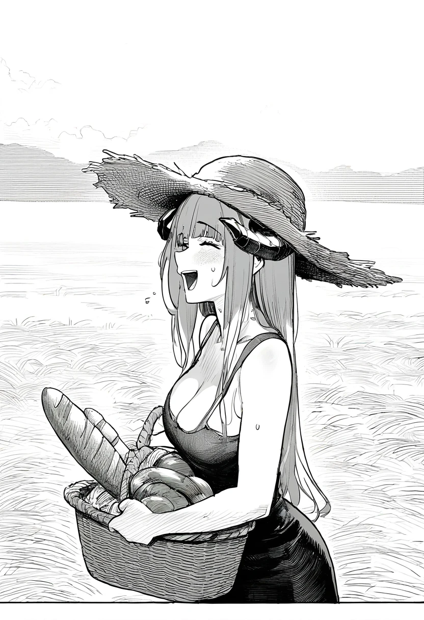 greyscale,monochrome,silent comic,linear hatching, - 1girl,bagpipe \(arknights\),arknights,baguette,blush,bread,croissant,holding basket,pretzel,upper body,straw hat,field,sky,laughing,sweat,sunlight,