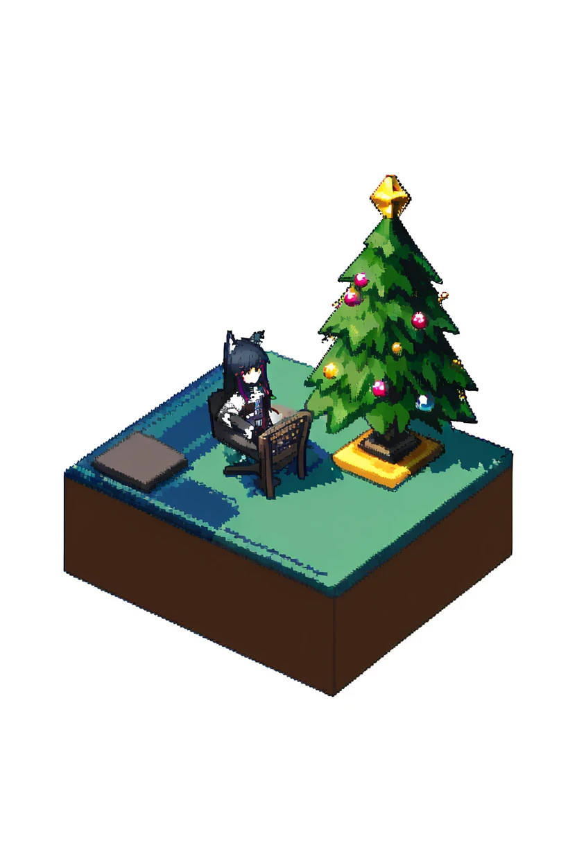 (((pixel art))),carpet,chair,indoors,((((isometric)))),light rays,plant,white background, - 1girl,texas \(arknights\),arknights,underwear,tactical vest,christmas tree,christmas ornaments,