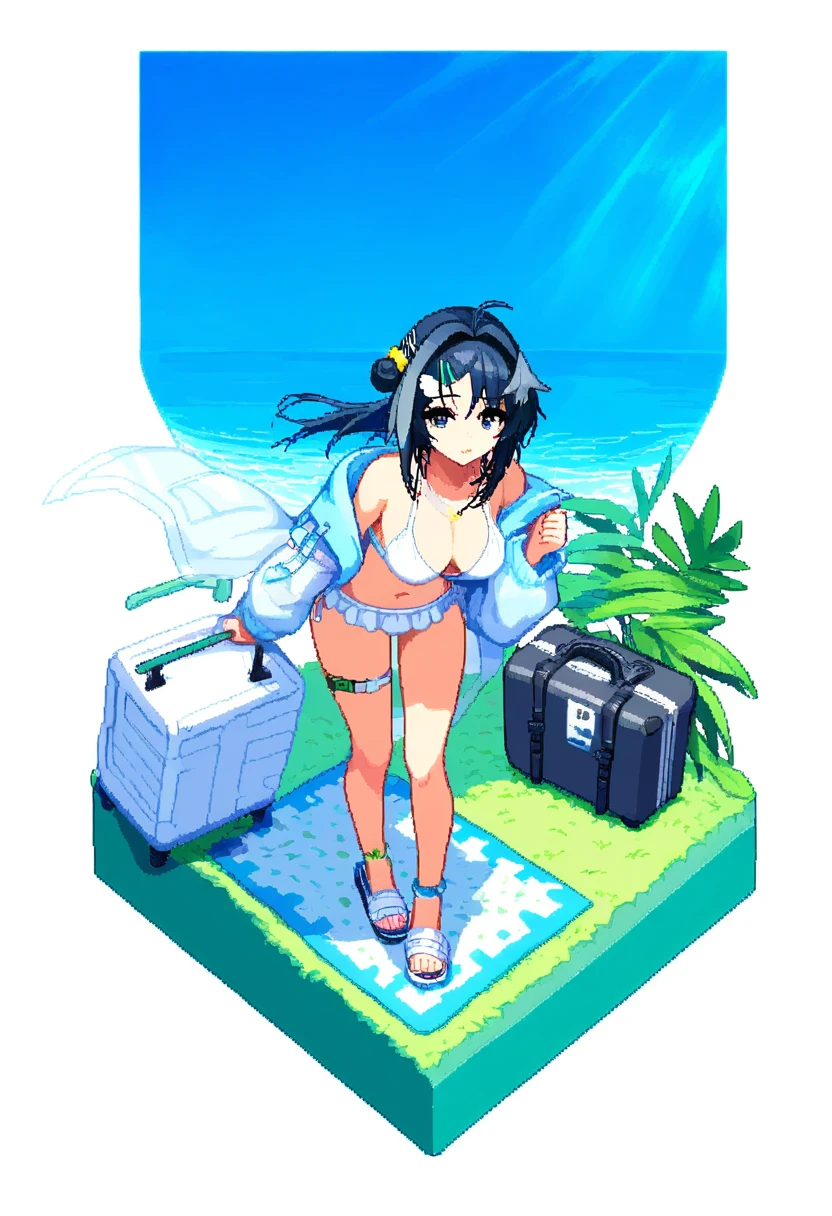 (((pixel art))),carpet,chair,indoors,((((isometric)))),light rays,plant,white background, - 1girl,la pluma \(summer flowers\) \(arknights\),arknights,white bikini,outdoors,navel,day,sky,blue sky,beach,suitcase,looking at viewer,ocean,low-tied long hair,leaning forward,standing,holding,frills,hand up,bare shoulders,floating hair,
