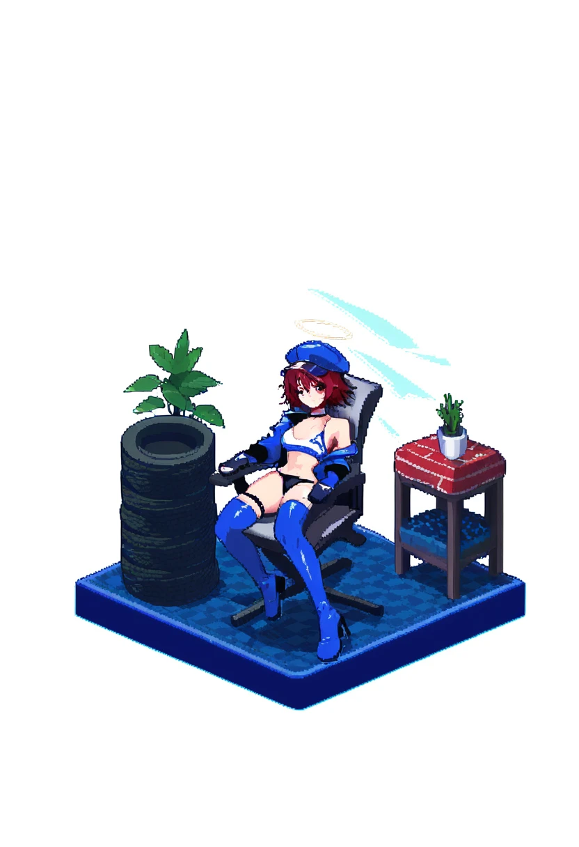 (((pixel art))),carpet,chair,indoors,((((isometric)))),light rays,plant,white background, - 1girl,exusiai \(arknights\),arknights,black gloves,black panties,blue thigh boots,blue hat,blue jacket,long sleeves,race queen,thigh strap,thong,single bare shoulder,skindentation,tire,