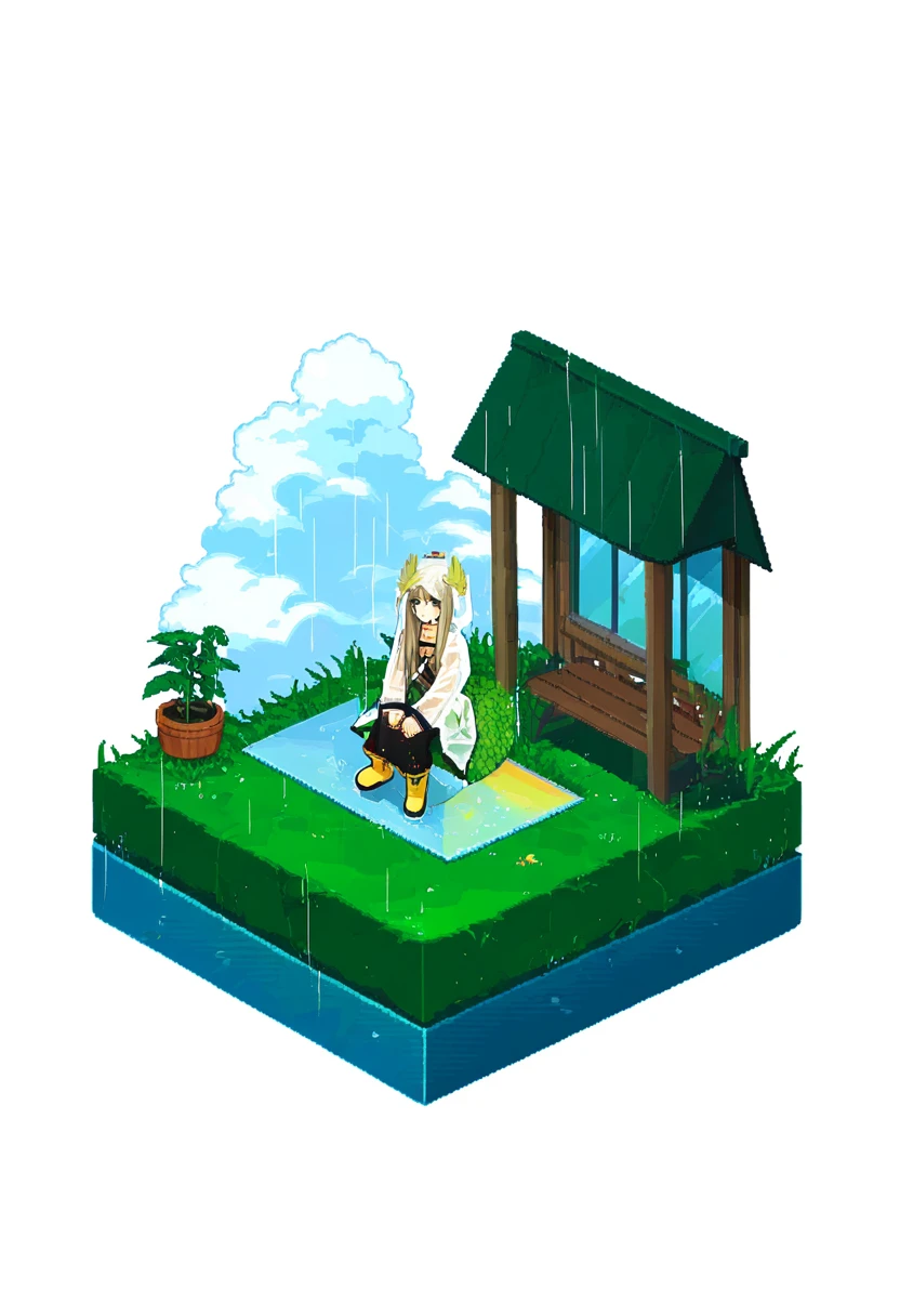 (((pixel art))),carpet,chair,indoors,((((isometric)))),light rays,plant,white background, - 1girl,muelsyse \(arknights\),arknights,cloudy sky,grass,on bench,outdoors,rain,road,yellow rubber boots,see-through coat,sitting,transparent raincoat,water drop,