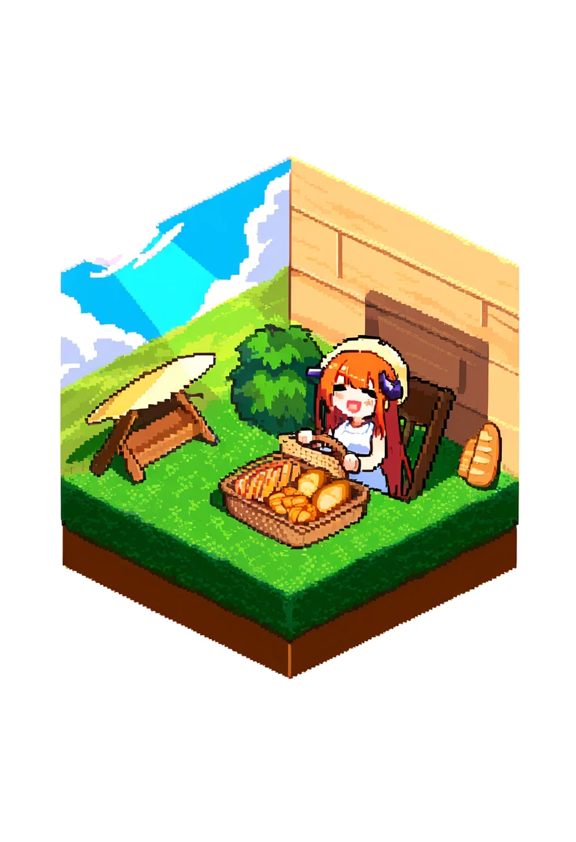 (((pixel art))),carpet,chair,indoors,((((isometric)))),light rays,plant,white background, - 1girl,bagpipe \(arknights\),arknights,baguette,blush,bread,croissant,holding basket,pretzel,upper body,straw hat,field,sky,laughing,sweat,sunlight,