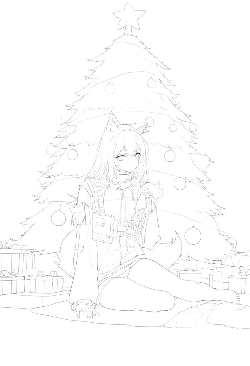 ((((((lineart)))))),nocolor, - 1girl,texas \(arknights\),arknights,underwear,tactical vest,christmas tree,christmas ornaments,