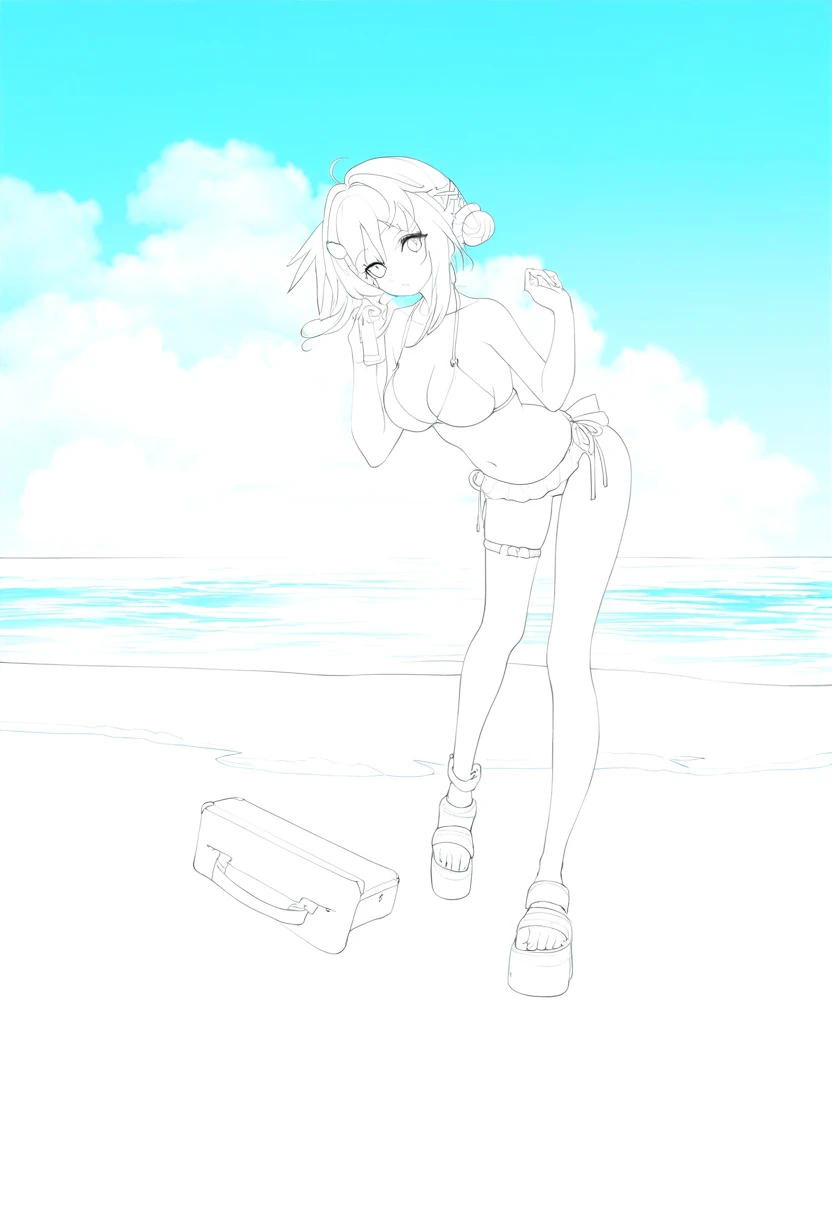 ((((((lineart)))))),nocolor, - 1girl,la pluma \(summer flowers\) \(arknights\),arknights,white bikini,outdoors,navel,day,sky,blue sky,beach,suitcase,looking at viewer,ocean,low-tied long hair,leaning forward,standing,holding,frills,hand up,bare shoulders,floating hair,
