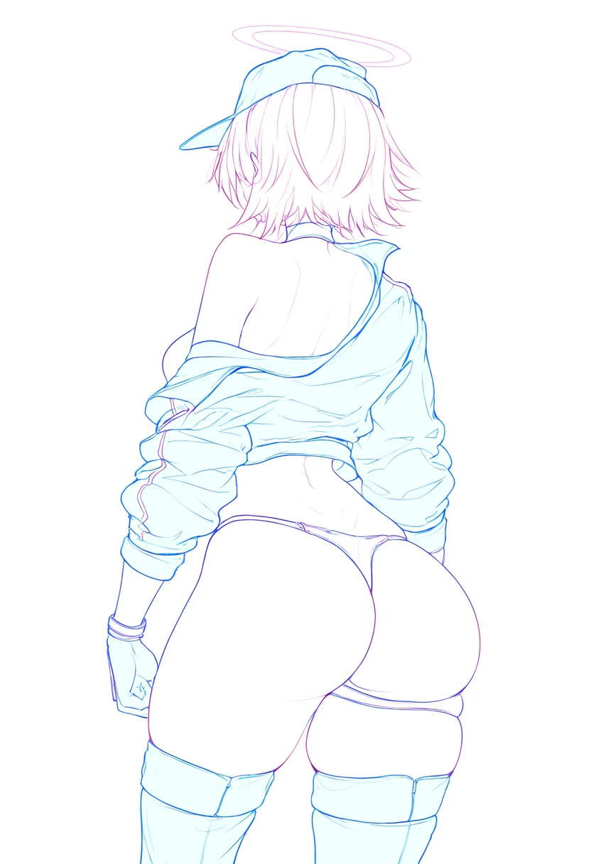 ((((((lineart)))))),nocolor, - 1girl,exusiai \(arknights\),arknights,black gloves,black panties,blue thigh boots,blue hat,blue jacket,long sleeves,race queen,thigh strap,thong,single bare shoulder,skindentation,tire,