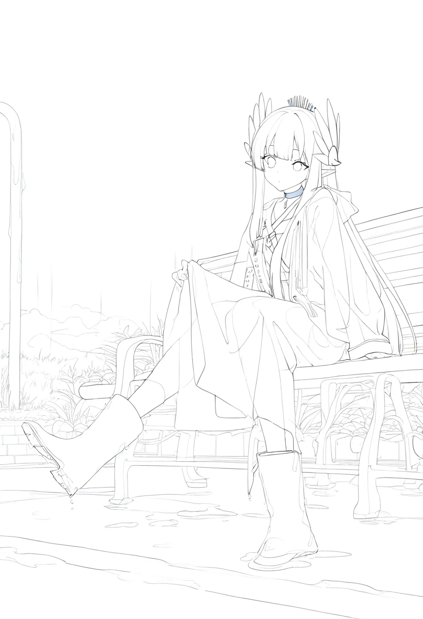 ((((((lineart)))))),nocolor, - 1girl,muelsyse \(arknights\),arknights,cloudy sky,grass,on bench,outdoors,rain,road,yellow rubber boots,see-through coat,sitting,transparent raincoat,water drop,