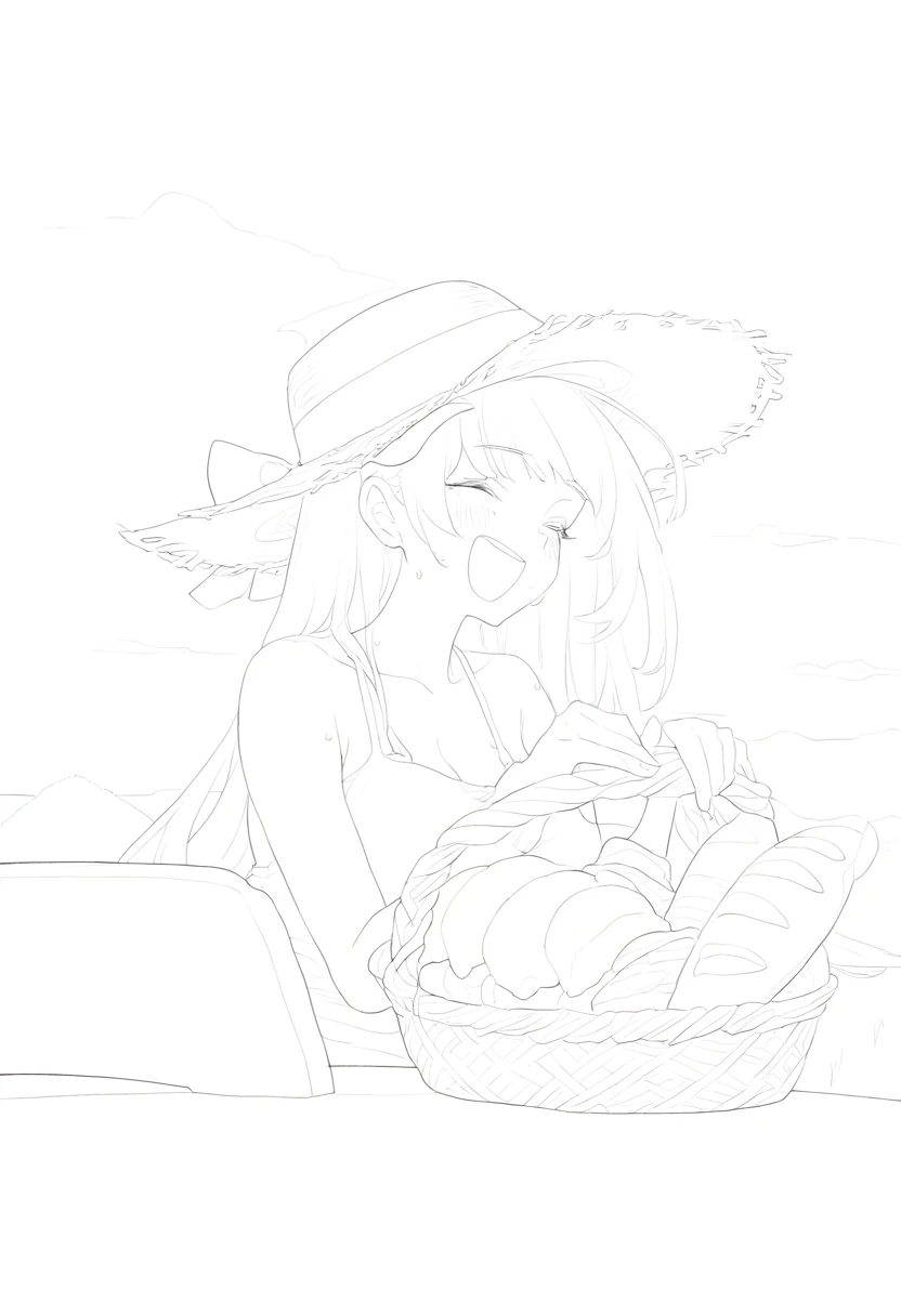 ((((((lineart)))))),nocolor, - 1girl,bagpipe \(arknights\),arknights,baguette,blush,bread,croissant,holding basket,pretzel,upper body,straw hat,field,sky,laughing,sweat,sunlight,