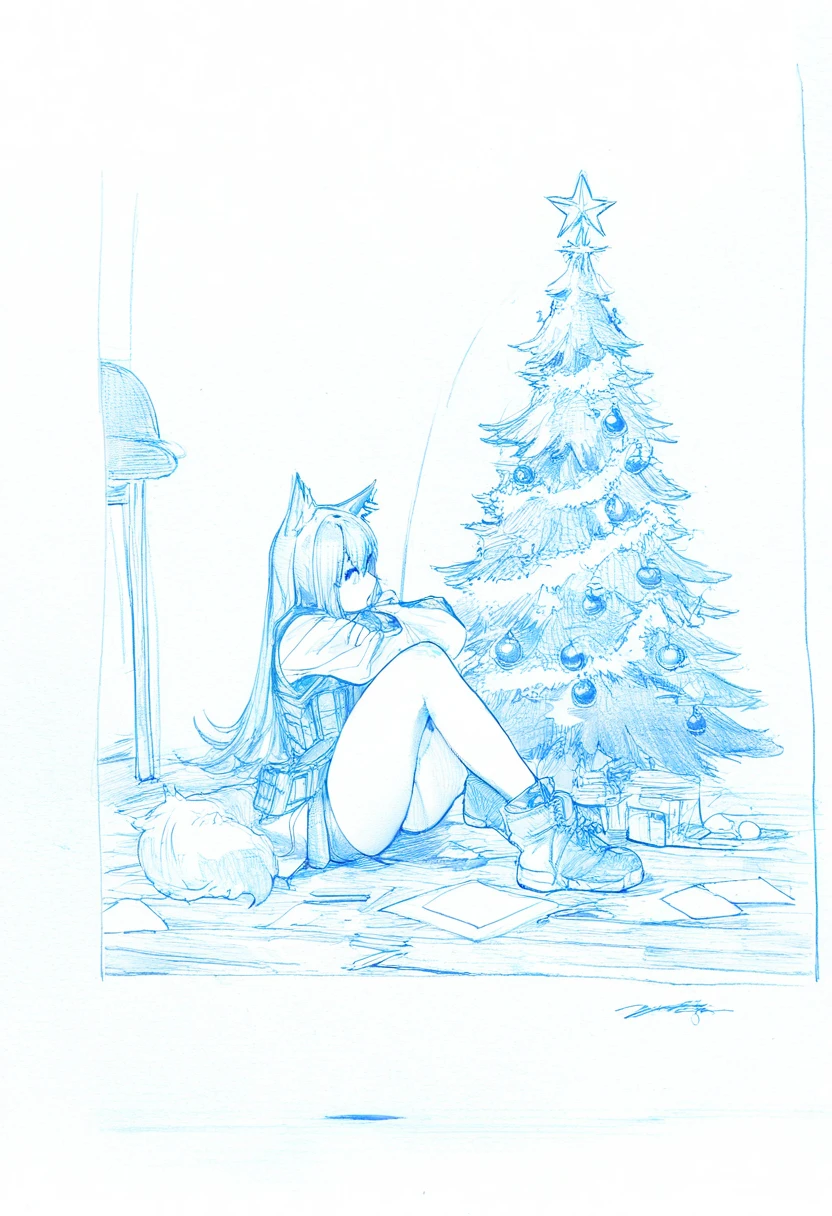 graphite \(medium\),((monochrome),),paper,art tools in frame,pencil,traditional media, - 1girl,texas \(arknights\),arknights,underwear,tactical vest,christmas tree,christmas ornaments,