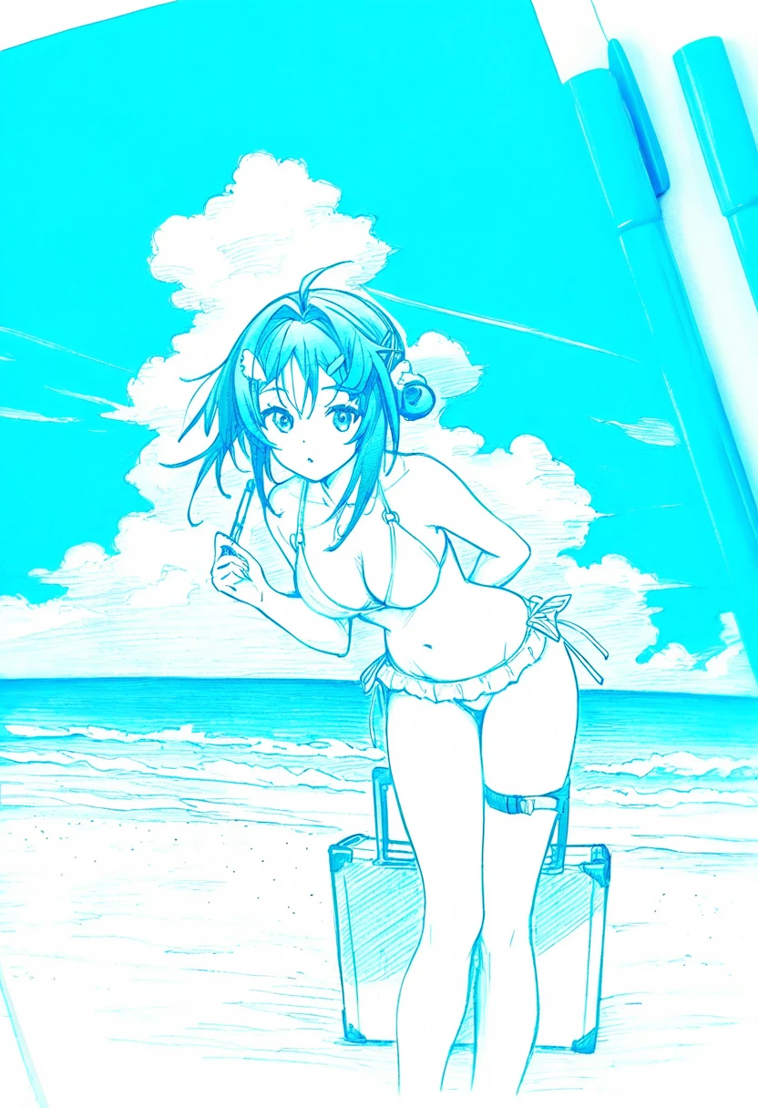 graphite \(medium\),((monochrome),),paper,art tools in frame,pencil,traditional media, - 1girl,la pluma \(summer flowers\) \(arknights\),arknights,white bikini,outdoors,navel,day,sky,blue sky,beach,suitcase,looking at viewer,ocean,low-tied long hair,leaning forward,standing,holding,frills,hand up,bare shoulders,floating hair,