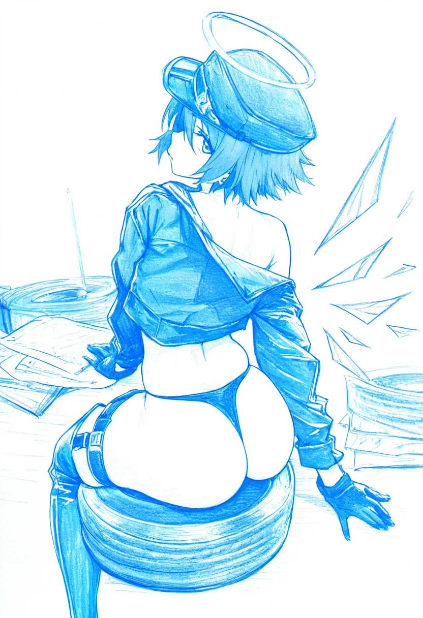 graphite \(medium\),((monochrome),),paper,art tools in frame,pencil,traditional media, - 1girl,exusiai \(arknights\),arknights,black gloves,black panties,blue thigh boots,blue hat,blue jacket,long sleeves,race queen,thigh strap,thong,single bare shoulder,skindentation,tire,