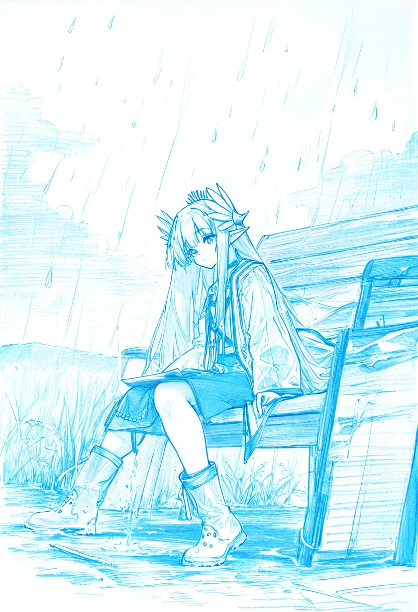 graphite \(medium\),((monochrome),),paper,art tools in frame,pencil,traditional media, - 1girl,muelsyse \(arknights\),arknights,cloudy sky,grass,on bench,outdoors,rain,road,yellow rubber boots,see-through coat,sitting,transparent raincoat,water drop,