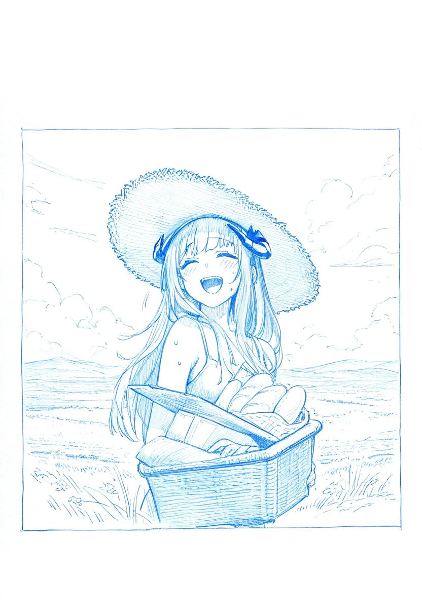 graphite \(medium\),((monochrome),),paper,art tools in frame,pencil,traditional media, - 1girl,bagpipe \(arknights\),arknights,baguette,blush,bread,croissant,holding basket,pretzel,upper body,straw hat,field,sky,laughing,sweat,sunlight,