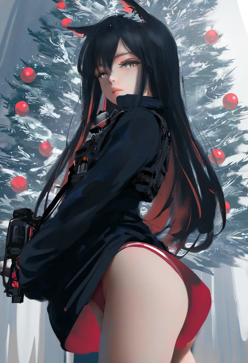 ((Multiple view)),wlop,[mochizuki kei], - 1girl,texas \(arknights\),arknights,underwear,tactical vest,christmas tree,christmas ornaments,