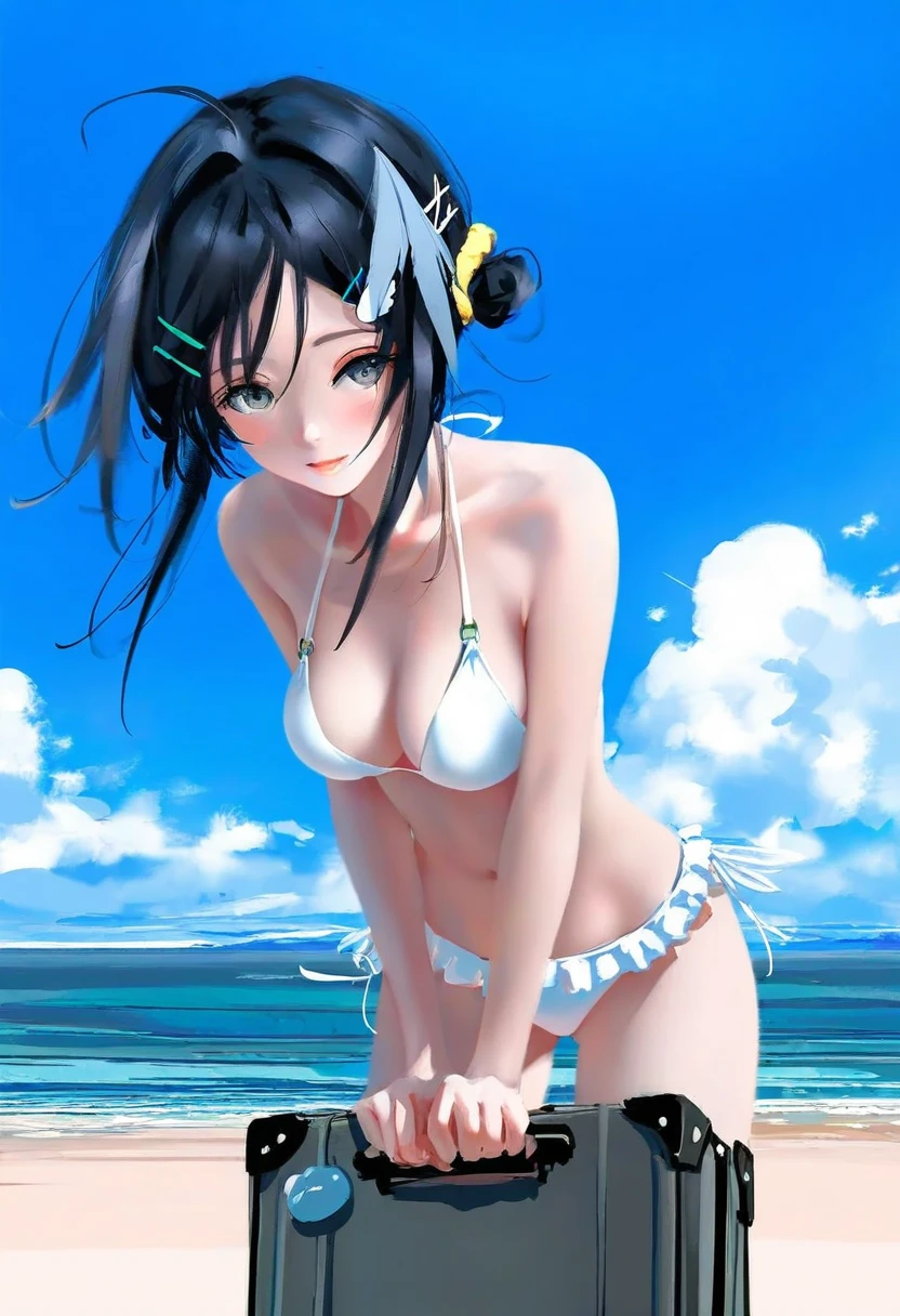 ((Multiple view)),wlop,[mochizuki kei], - 1girl,la pluma \(summer flowers\) \(arknights\),arknights,white bikini,outdoors,navel,day,sky,blue sky,beach,suitcase,looking at viewer,ocean,low-tied long hair,leaning forward,standing,holding,frills,hand up,bare shoulders,floating hair,