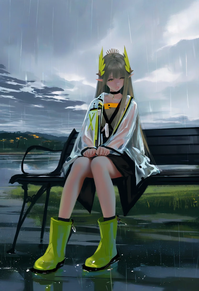 ((Multiple view)),wlop,[mochizuki kei], - 1girl,muelsyse \(arknights\),arknights,cloudy sky,grass,on bench,outdoors,rain,road,yellow rubber boots,see-through coat,sitting,transparent raincoat,water drop,