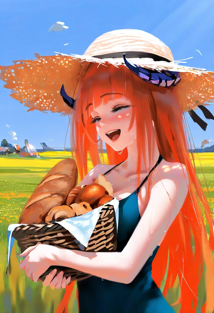 ((Multiple view)),wlop,[mochizuki kei], - 1girl,bagpipe \(arknights\),arknights,baguette,blush,bread,croissant,holding basket,pretzel,upper body,straw hat,field,sky,laughing,sweat,sunlight,