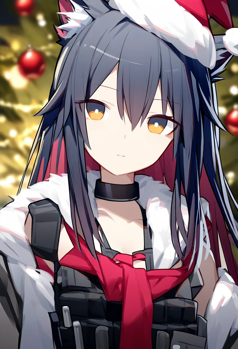 ((quan \(kurisu tina\))),(portrait),upper body,close-up, - 1girl,texas \(arknights\),arknights,underwear,tactical vest,christmas tree,christmas ornaments,