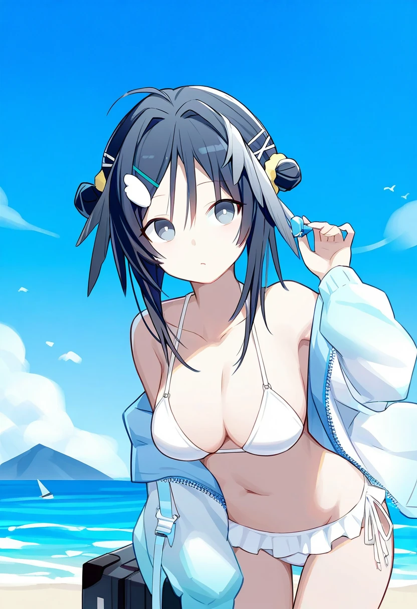 ((quan \(kurisu tina\))),(portrait),upper body,close-up, - 1girl,la pluma \(summer flowers\) \(arknights\),arknights,white bikini,outdoors,navel,day,sky,blue sky,beach,suitcase,looking at viewer,ocean,low-tied long hair,leaning forward,standing,holding,frills,hand up,bare shoulders,floating hair,
