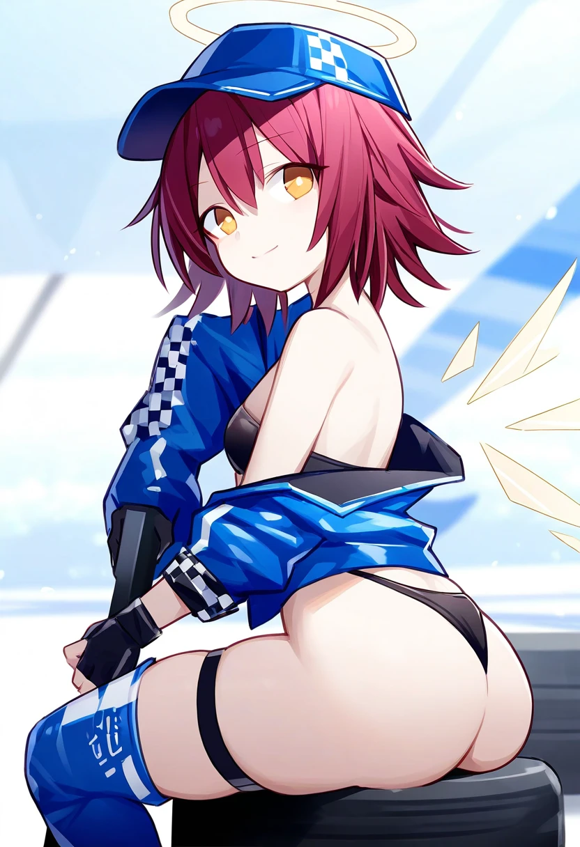 ((quan \(kurisu tina\))),(portrait),upper body,close-up, - 1girl,exusiai \(arknights\),arknights,black gloves,black panties,blue thigh boots,blue hat,blue jacket,long sleeves,race queen,thigh strap,thong,single bare shoulder,skindentation,tire,