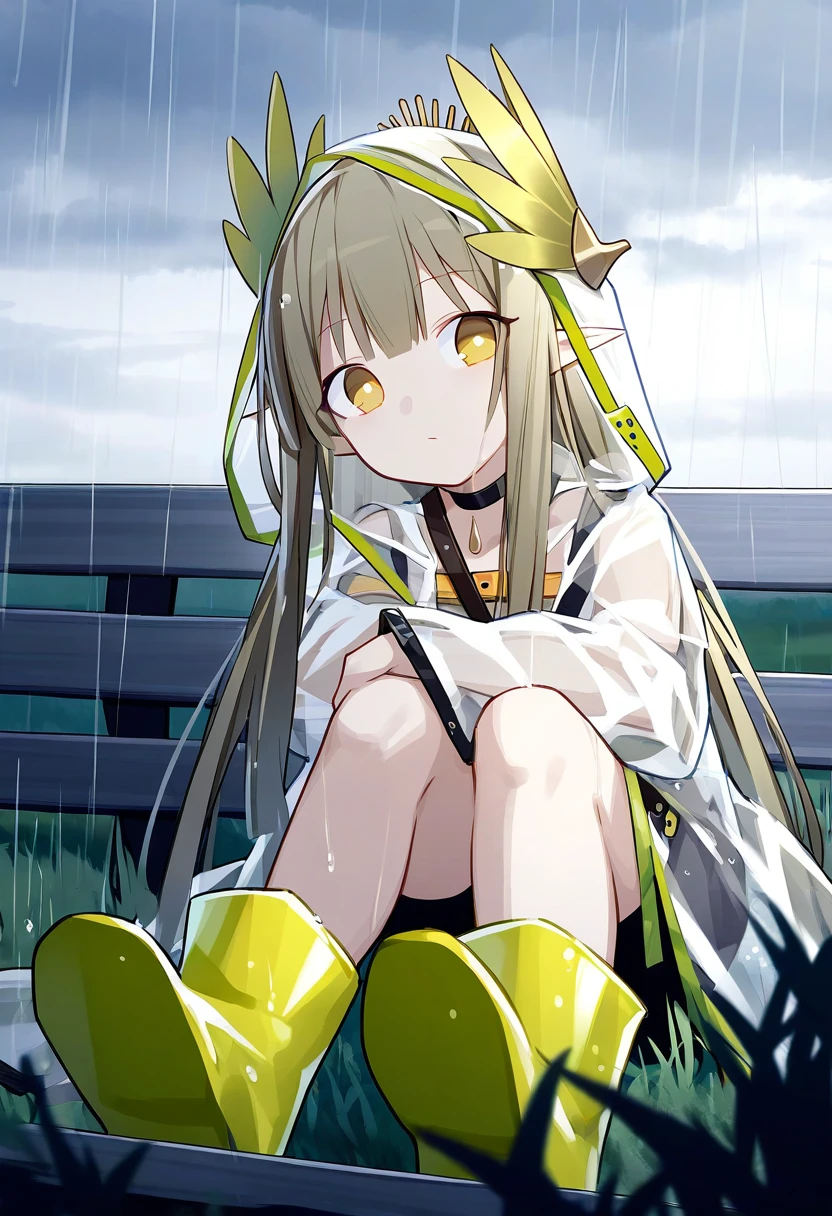 ((quan \(kurisu tina\))),(portrait),upper body,close-up, - 1girl,muelsyse \(arknights\),arknights,cloudy sky,grass,on bench,outdoors,rain,road,yellow rubber boots,see-through coat,sitting,transparent raincoat,water drop,