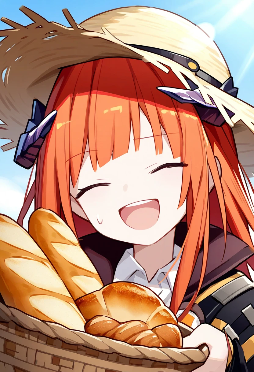 ((quan \(kurisu tina\))),(portrait),upper body,close-up, - 1girl,bagpipe \(arknights\),arknights,baguette,blush,bread,croissant,holding basket,pretzel,upper body,straw hat,field,sky,laughing,sweat,sunlight,