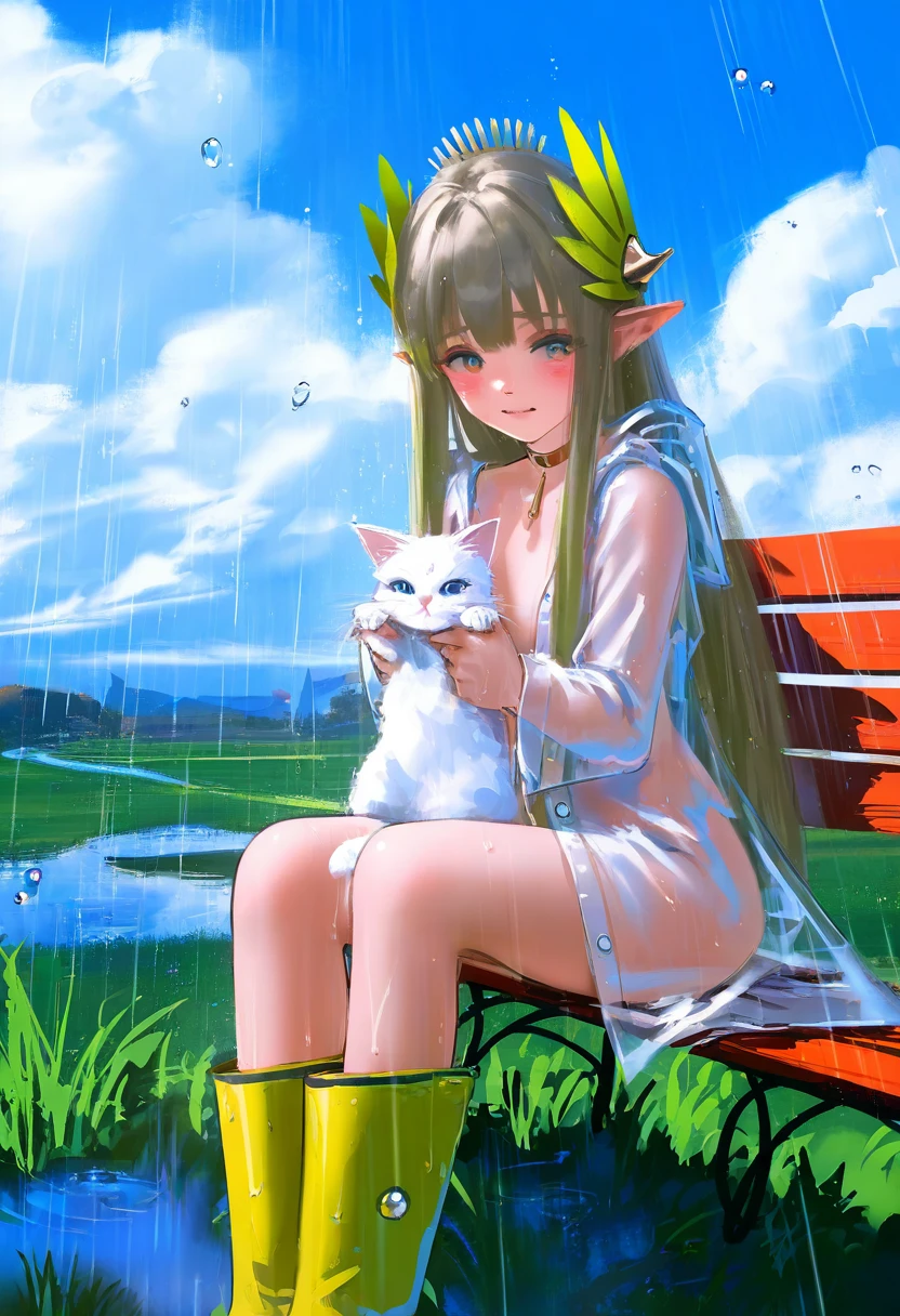 [[kamisato ayaka \(genshin\) cosplay]],no humans,[kedama milk],(wlop,reoen),[[As109]],((white cat)),hair ornament,furry,shy,nude,[[chibi]], - 1girl,muelsyse \(arknights\),arknights,cloudy sky,grass,on bench,outdoors,rain,road,yellow rubber boots,see-through coat,sitting,transparent raincoat,water drop,