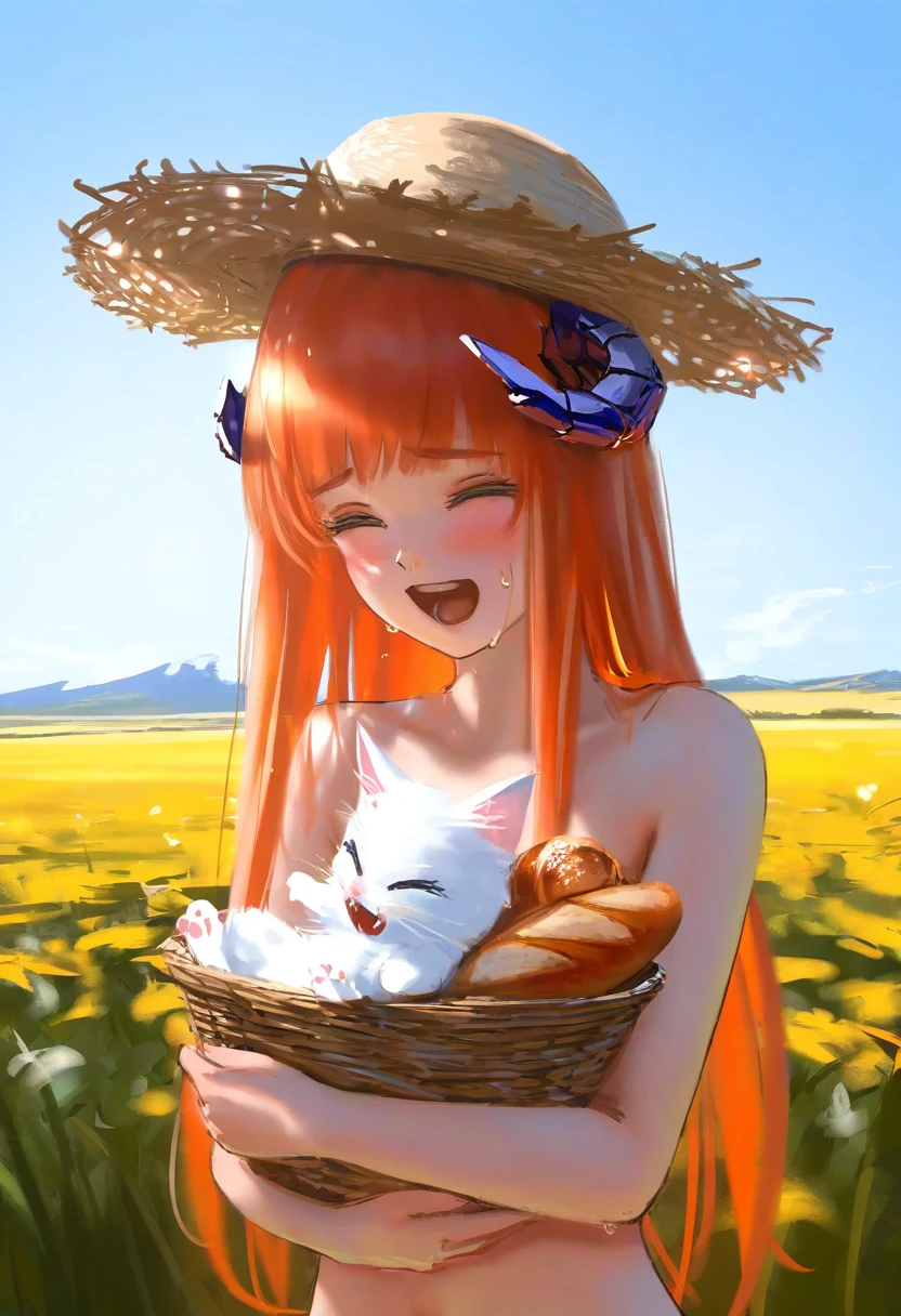 [[kamisato ayaka \(genshin\) cosplay]],no humans,[kedama milk],(wlop,reoen),[[As109]],((white cat)),hair ornament,furry,shy,nude,[[chibi]], - 1girl,bagpipe \(arknights\),arknights,baguette,blush,bread,croissant,holding basket,pretzel,upper body,straw hat,field,sky,laughing,sweat,sunlight,